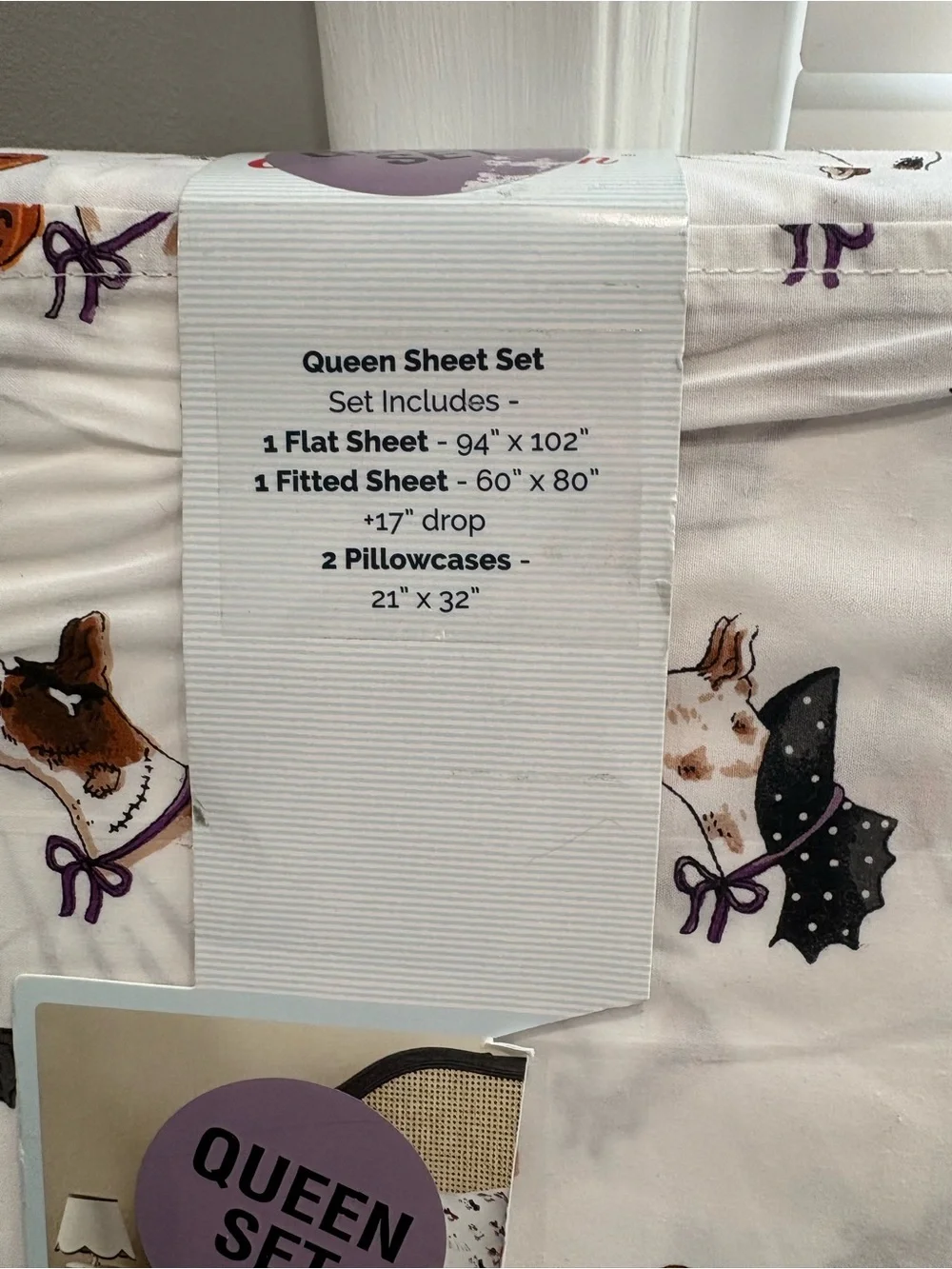 NEW Cath Kidston “Spooky Dogs” Halloween Dog Print Queen Sheet Set-White/Brown